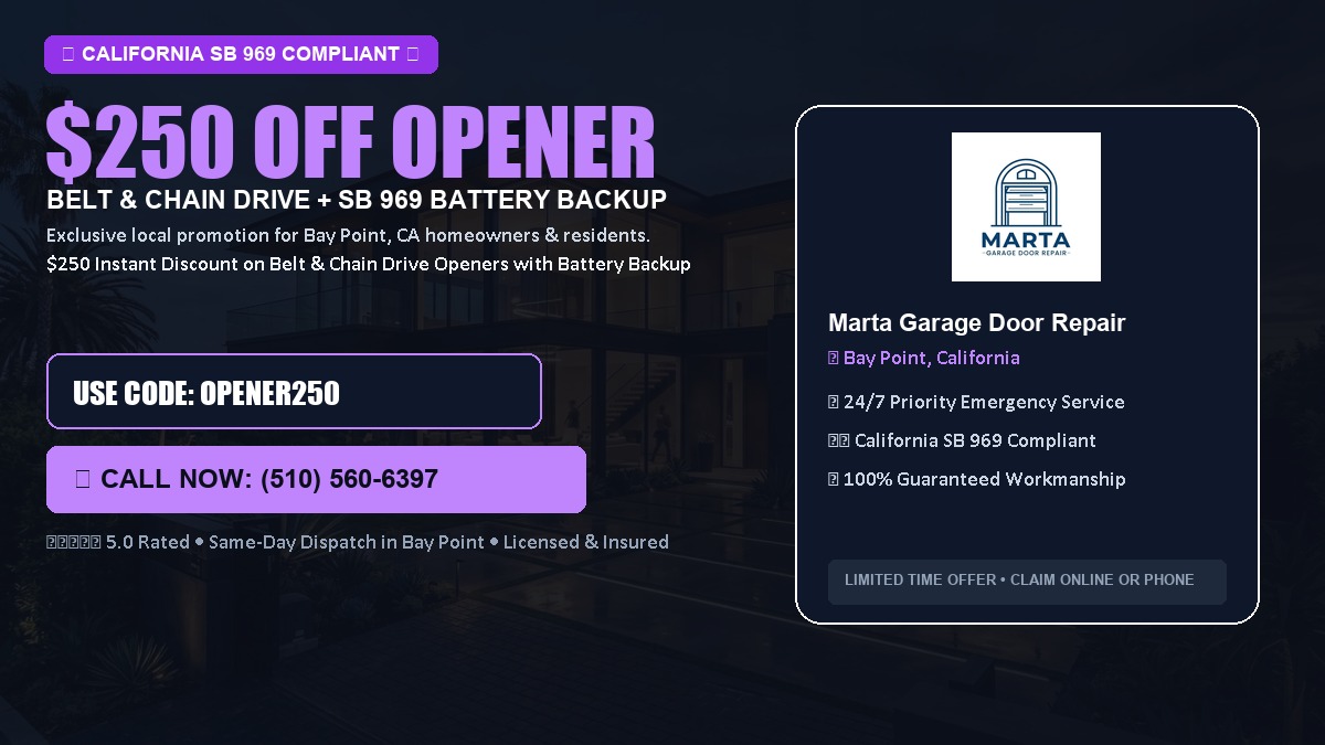 $250 OFF Smart Garage Door Opener Installation (Belt & Chain Drive with California SB 969 Battery Backup) in Bay Point, CA